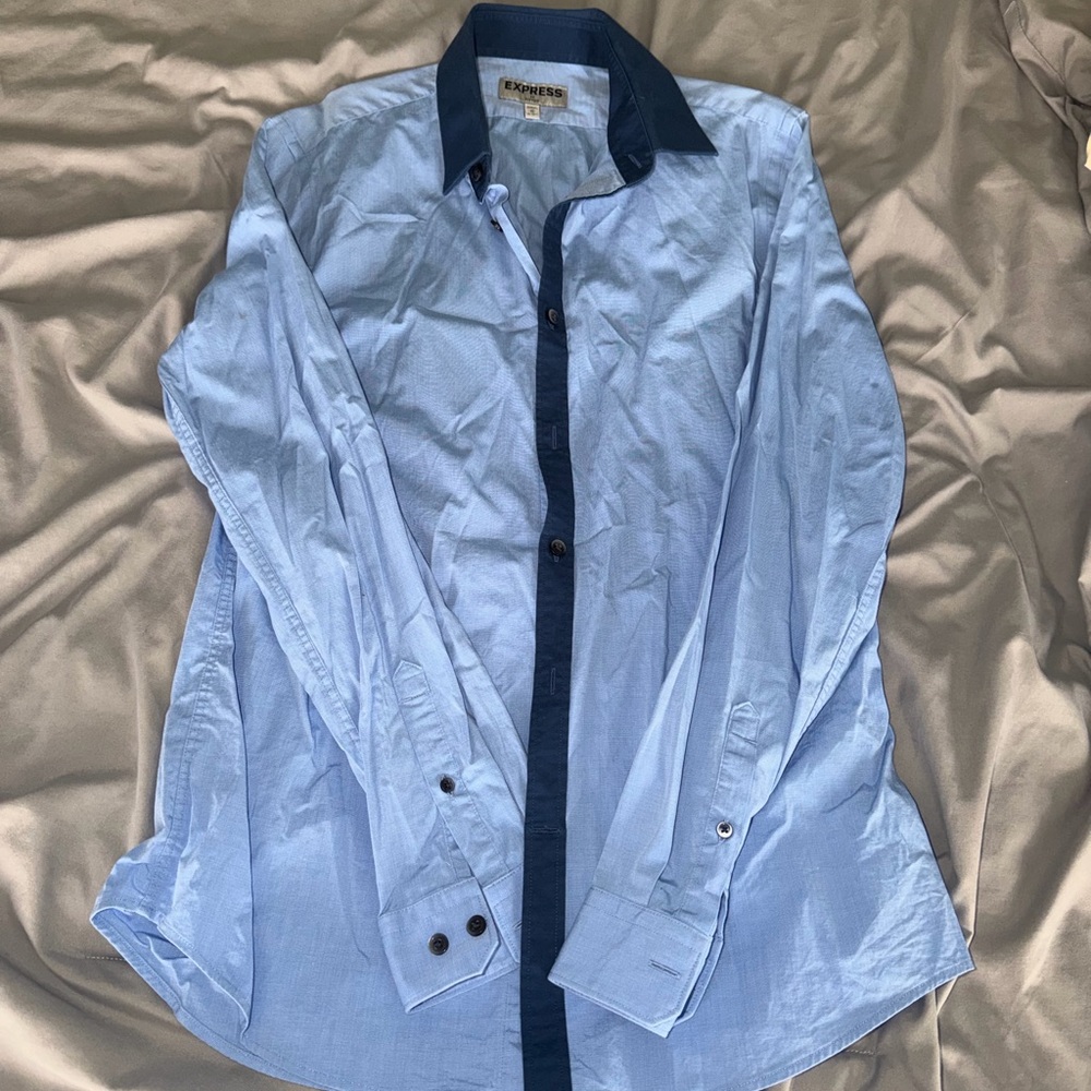 Express Men's Light Blue Button-Up Shirt with Dark Blue Accents